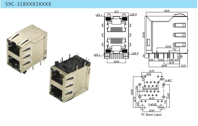 2X1 Stacked RJ45 PCB Connector with LED
