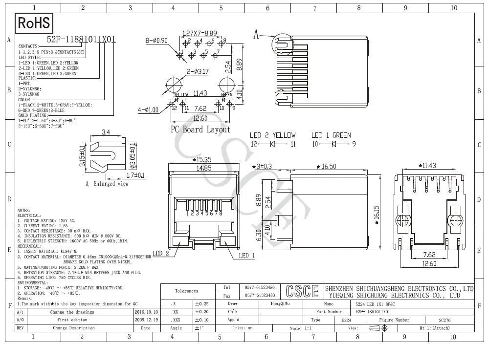 Unshield Top Entry RJ45 PCB Connector with LED