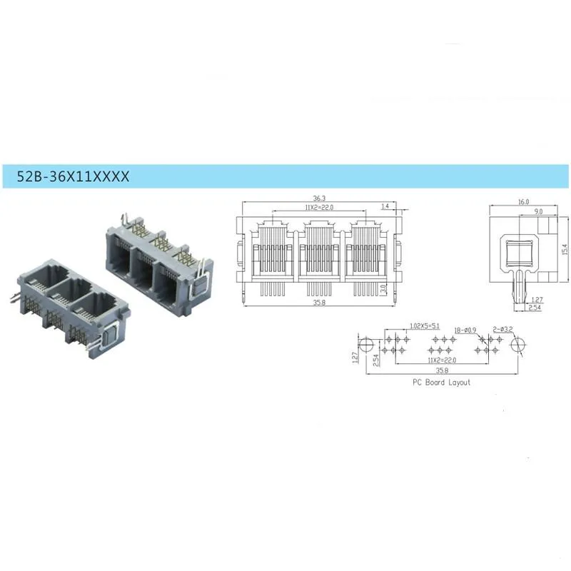 Side Entry 1X3 Ports Rj11 PCB Connector with Metal Peg