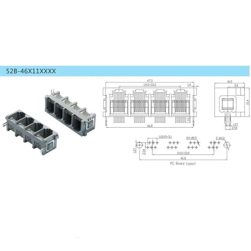 Multi-Port Side Entry 6p Rj11 PCB Jack
